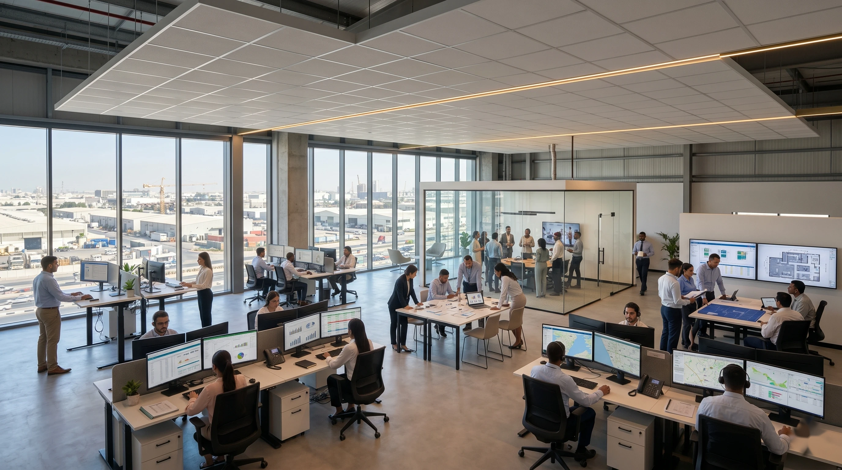 Dana AI operations floor — six connected work zones across sales, finance, logistics, HR, meetings, and production