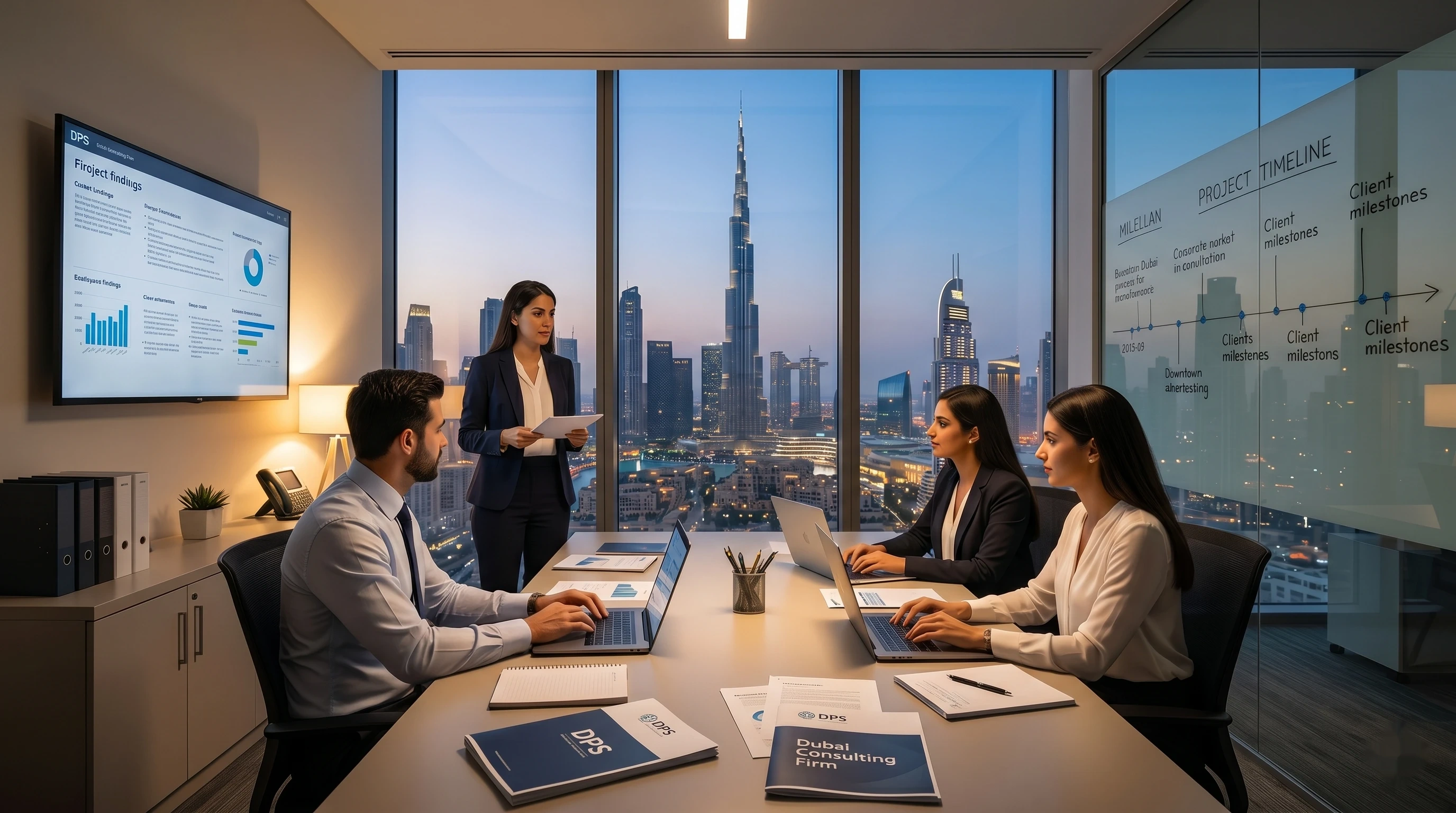 Dana AI for consulting — engagement team of four at collaborative workspace presenting findings in Dubai high-rise at evening