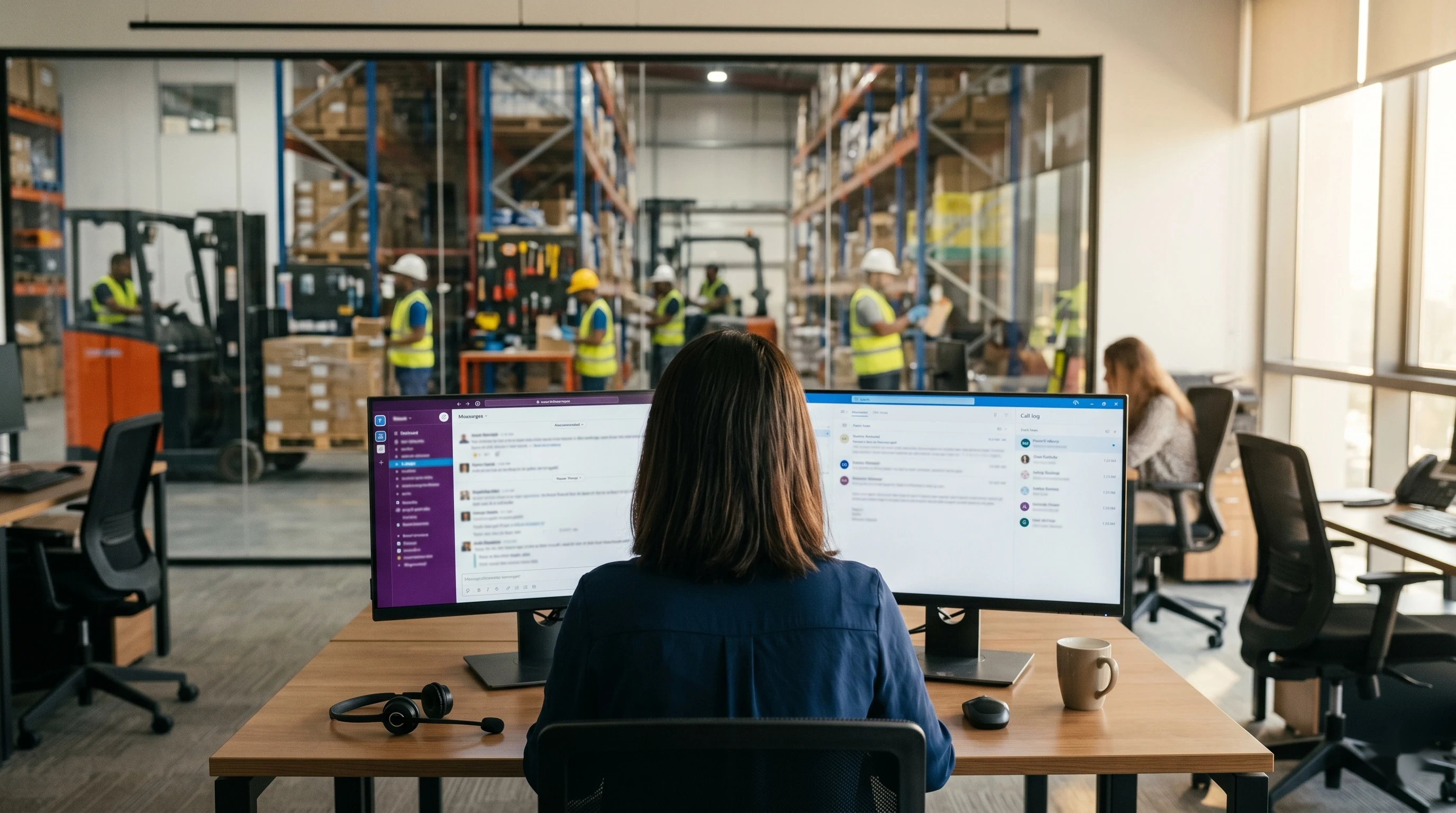 Dana AI customer conversations — service coordinator at dual monitors with business messaging interface and warehouse backdrop