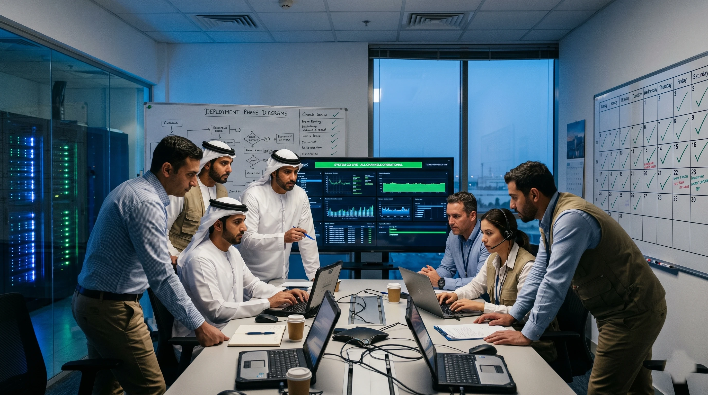 Dana AI deployment — go-live war room with diverse team, command screen, and 30-day deployment calendar