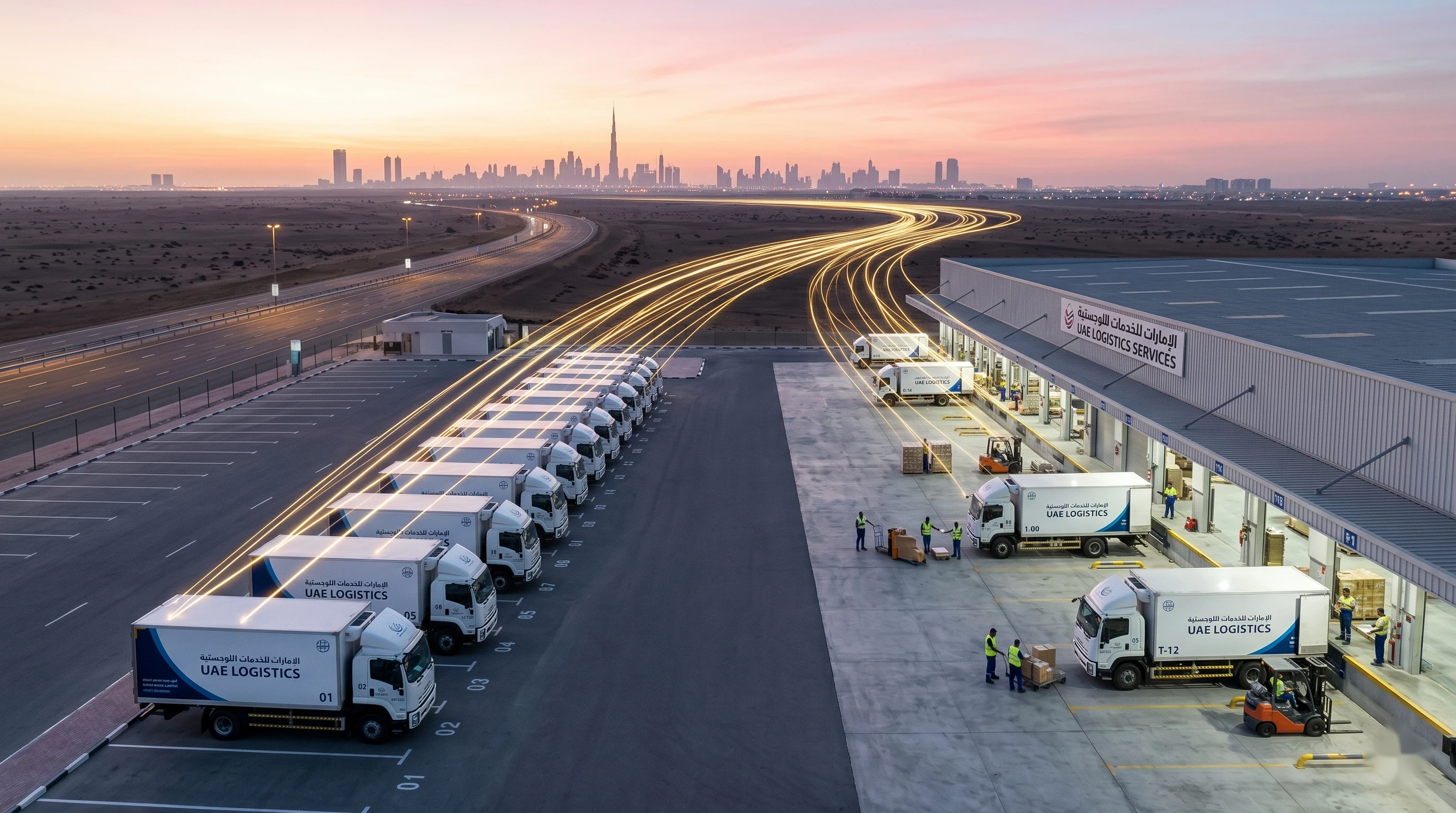 Dana AI dispatch — aerial view of industrial delivery fleet at UAE distribution hub with optimised golden route lines at dawn