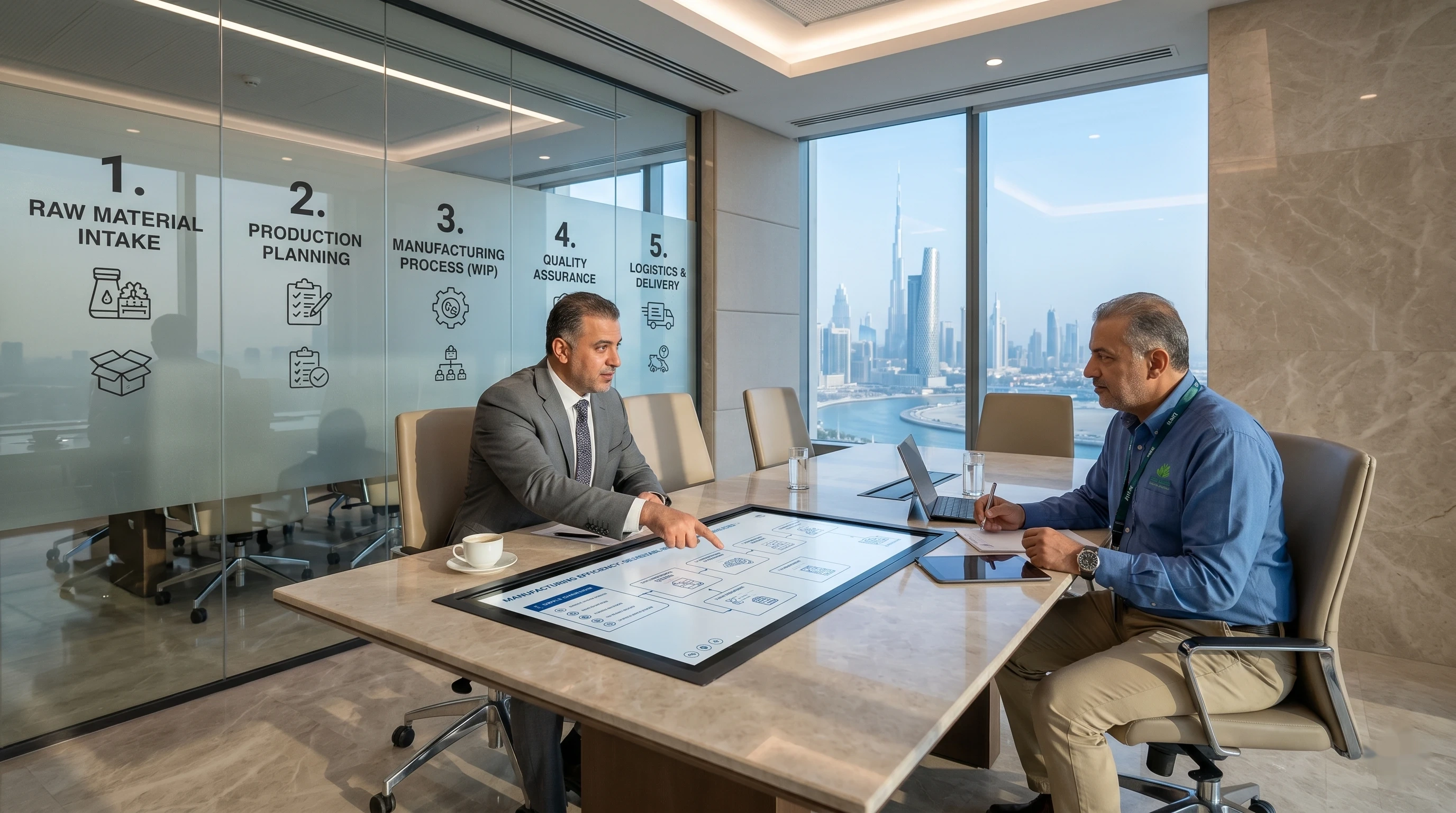 Dana AI working session — consultant and plant manager at interactive display mapping deployment phases in UAE meeting room