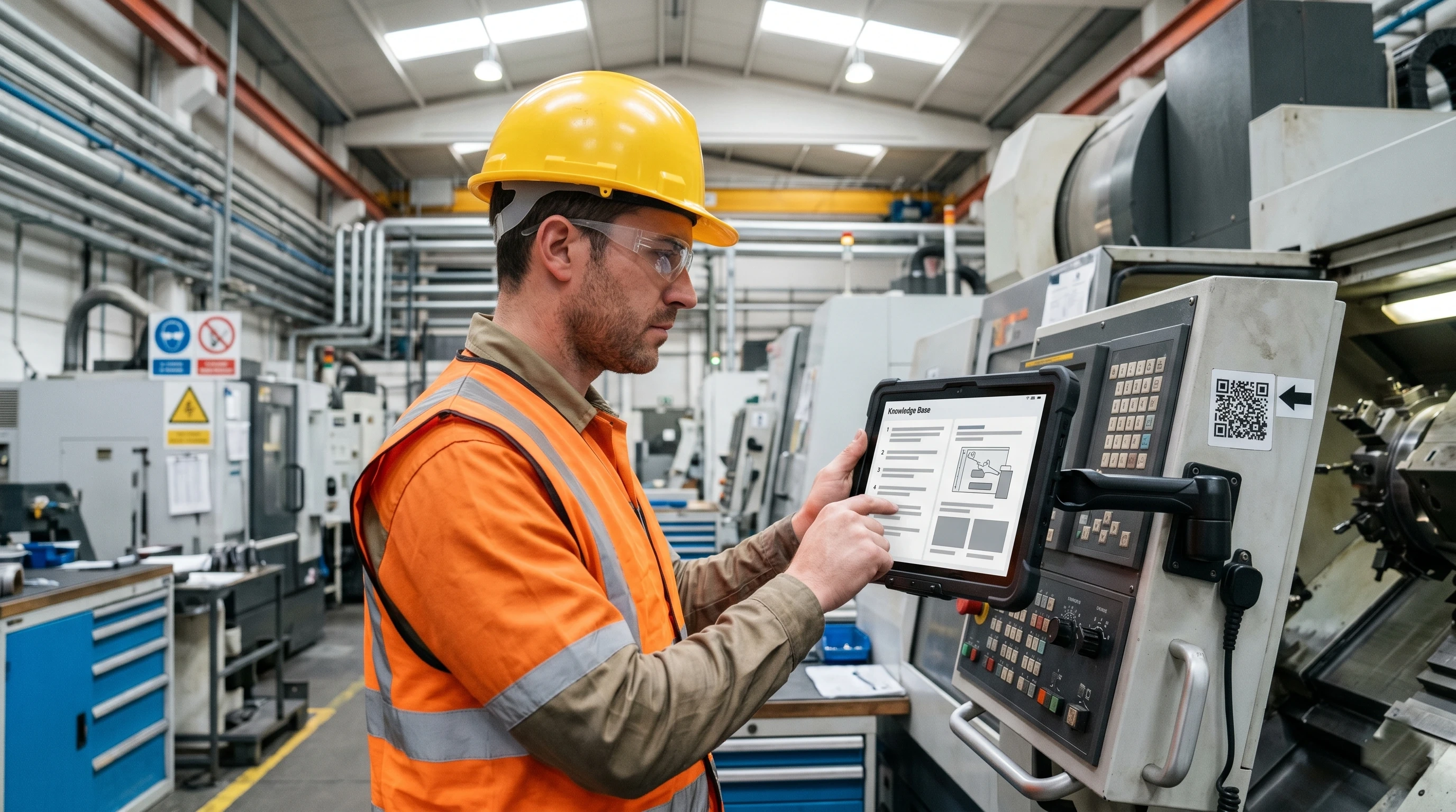 Dana AI knowledge base — operator searching SOPs on mobile at machine station