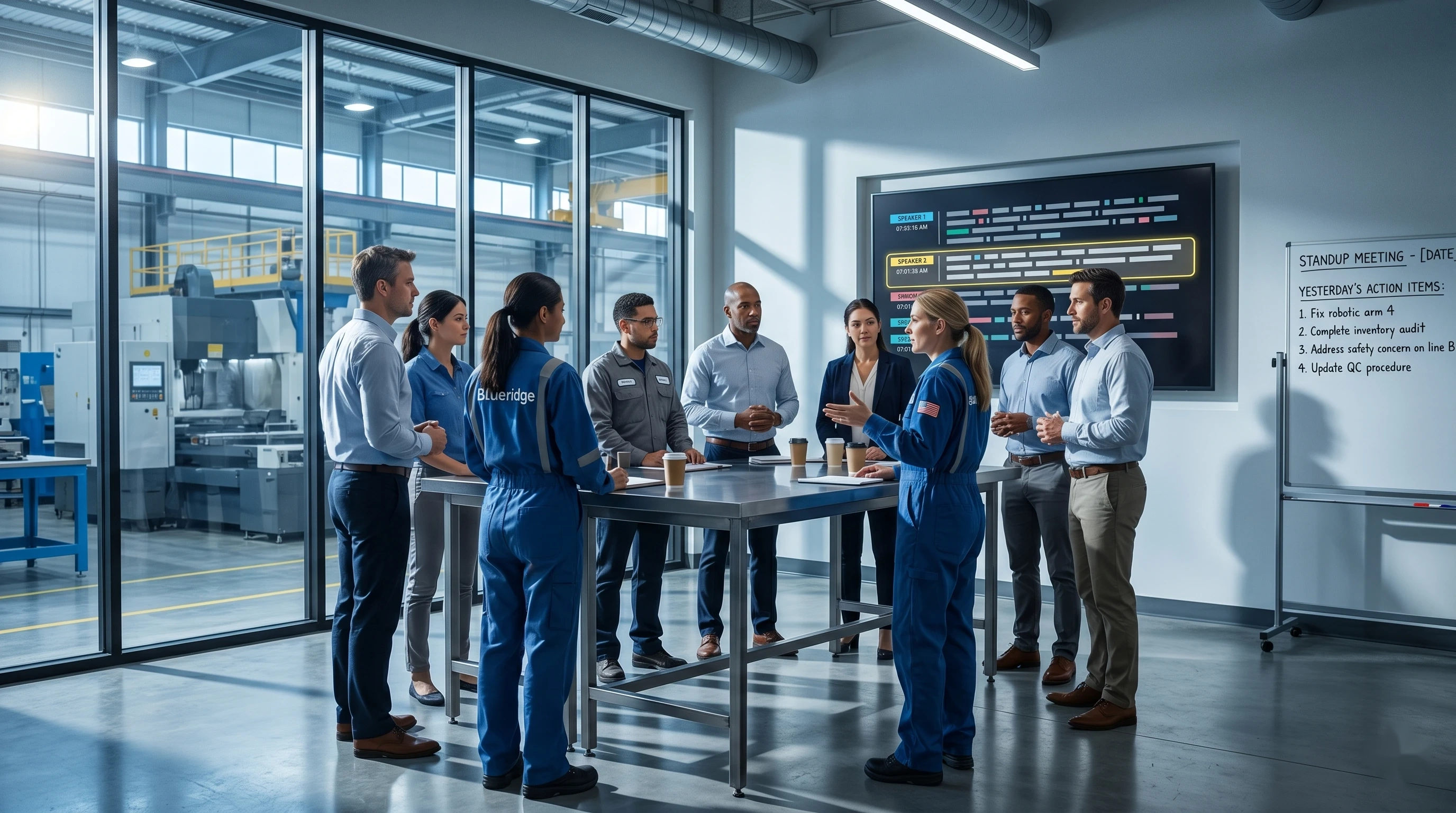 Dana AI meetings — live transcription during manufacturing production standup