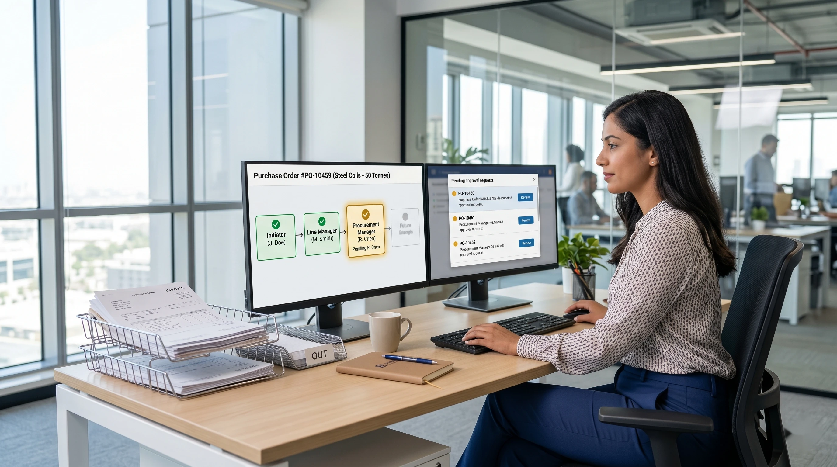 Dana AI process automation — procurement coordinator at workstation with digital approval workflow and pending request notifications
