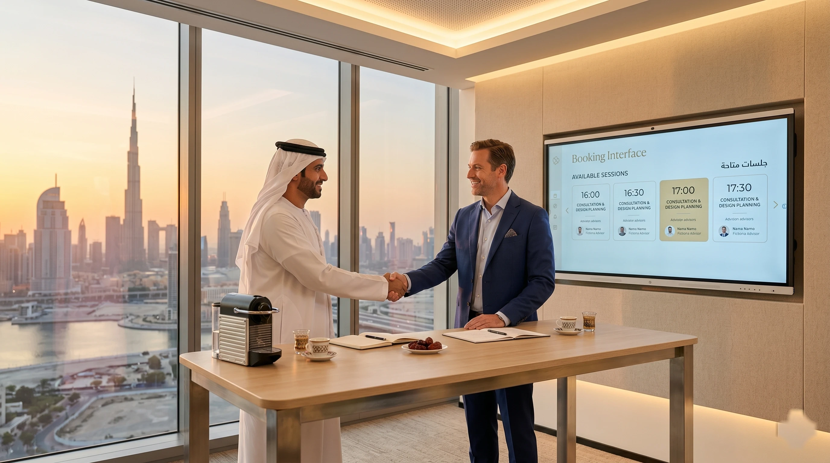 Dana AI consultation — two professionals shaking hands across collaboration table with booking interface and Dubai skyline