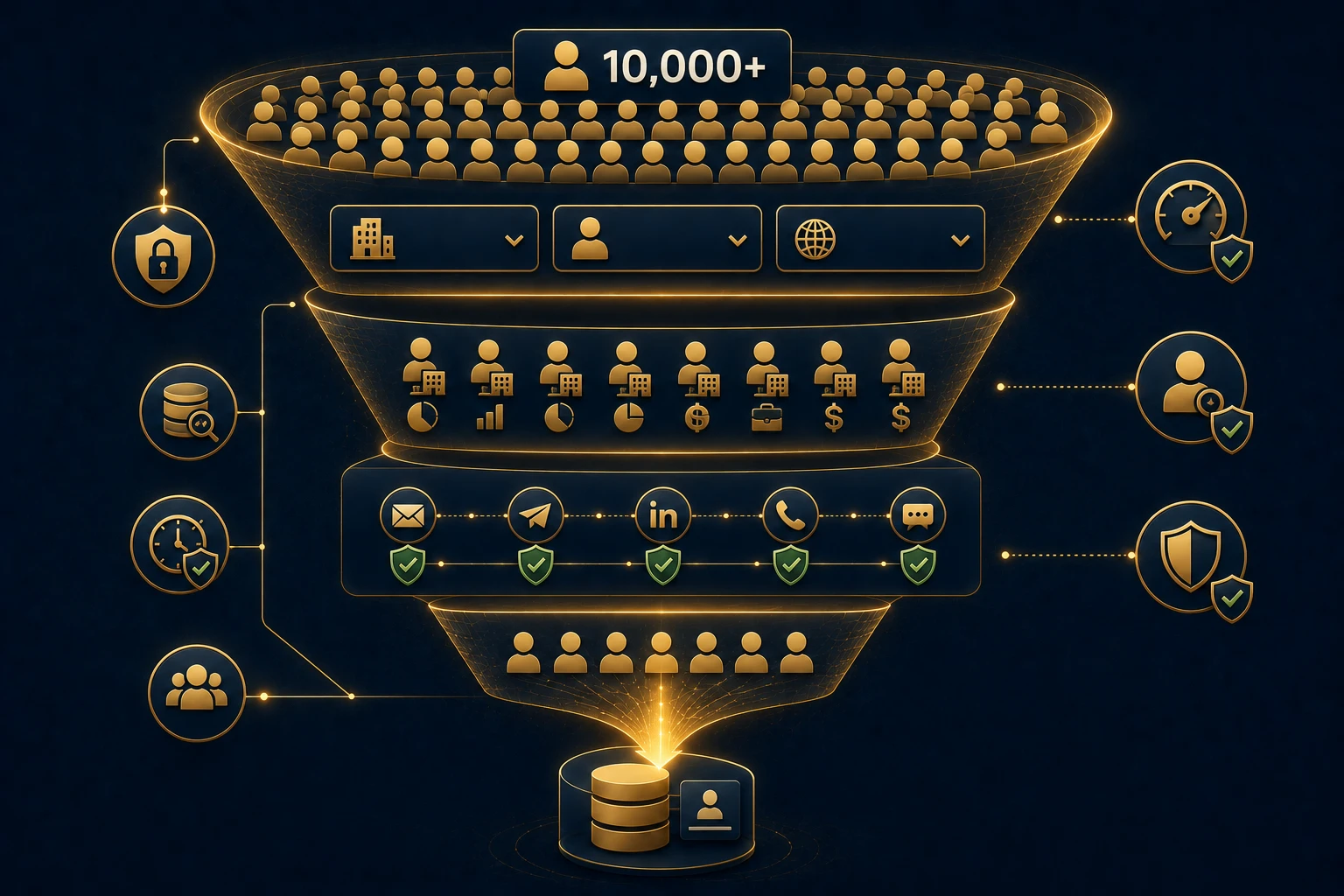 Dana AI prospecting funnel — vertical flow from profile discovery through enrichment and compliance-paced sequencing to CRM conversion