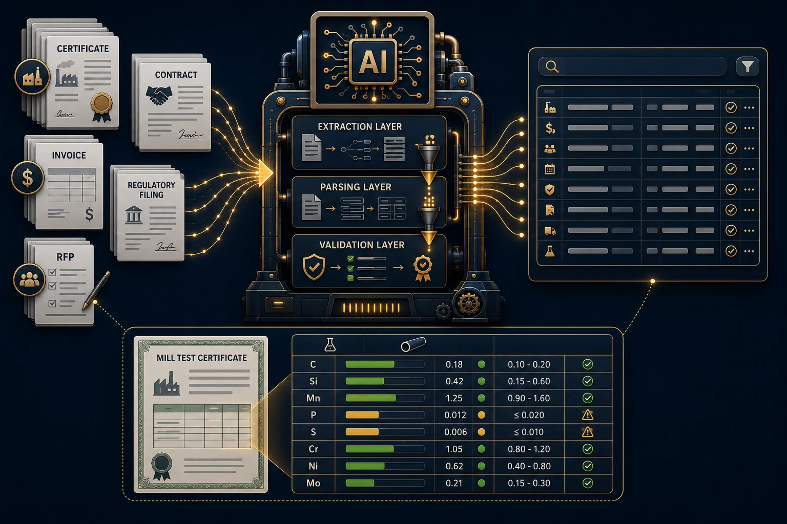 Dana AI document intelligence — processing pipeline from industrial documents through OCR, parsing, and validation to structured records