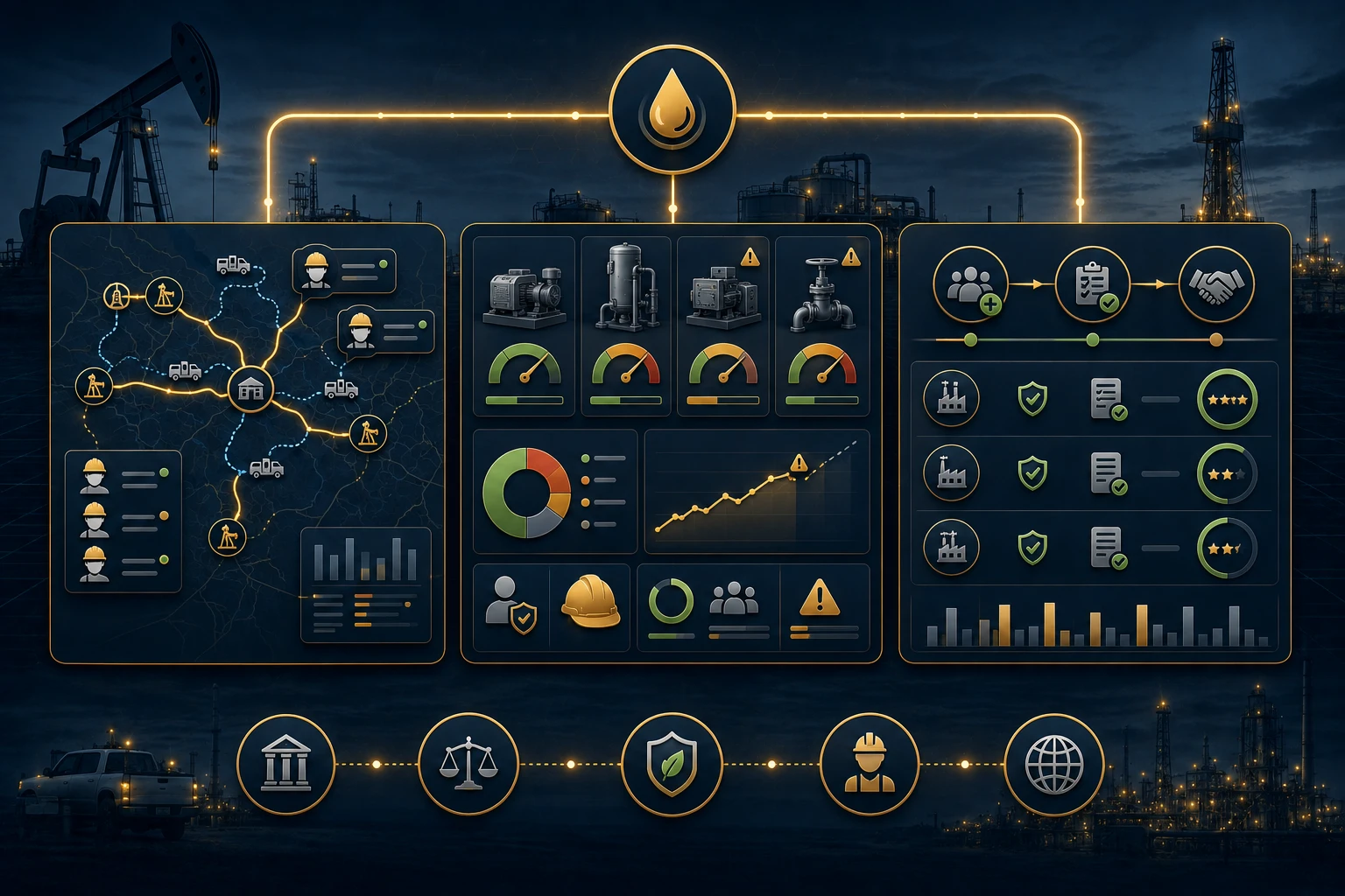 Dana AI for energy — three deployment zones covering field service routing, equipment safety monitoring, and vendor lifecycle management