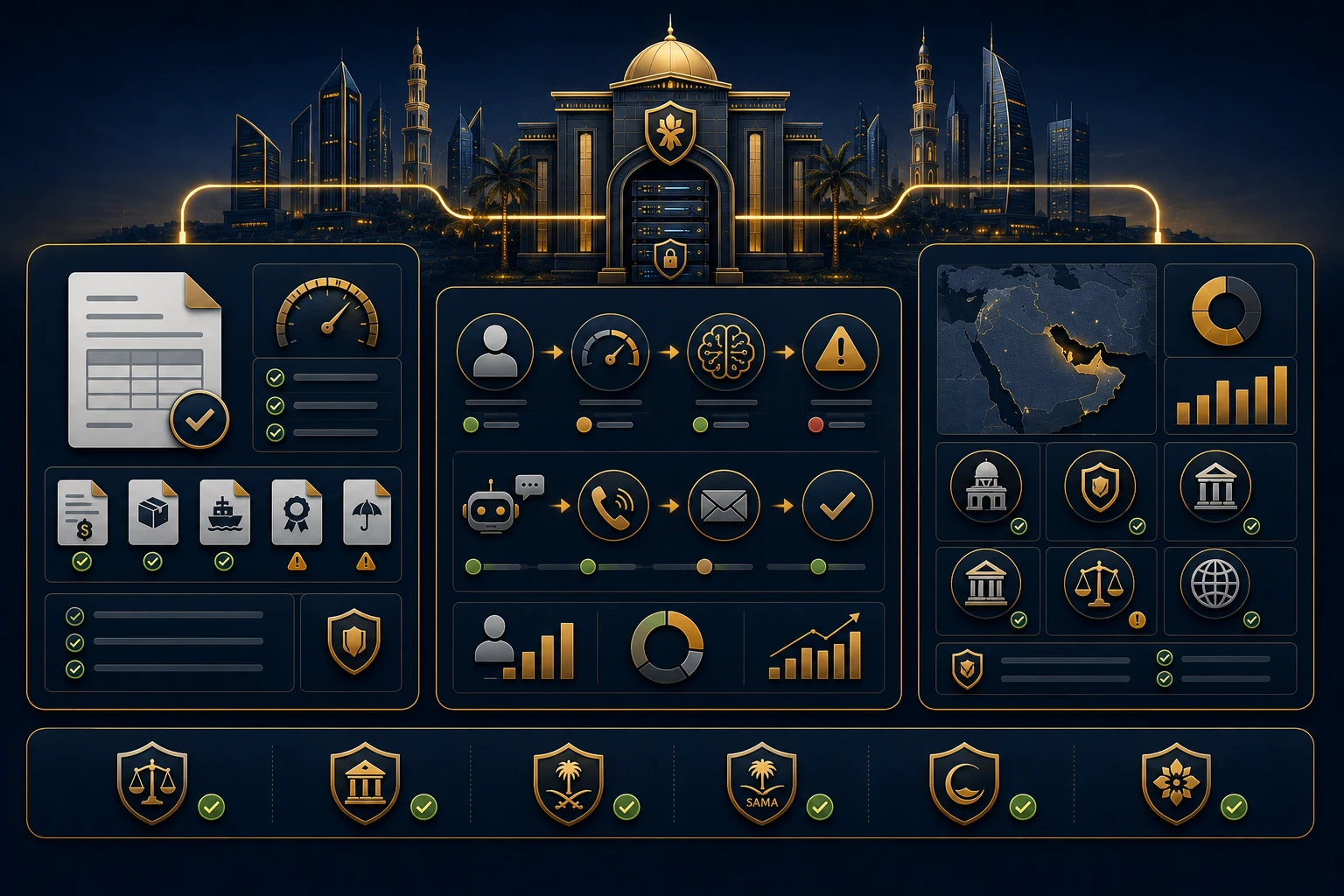 Dana AI for banking — three focus areas covering LC document validation, credit and collections, and regulatory monitoring with compliance badges