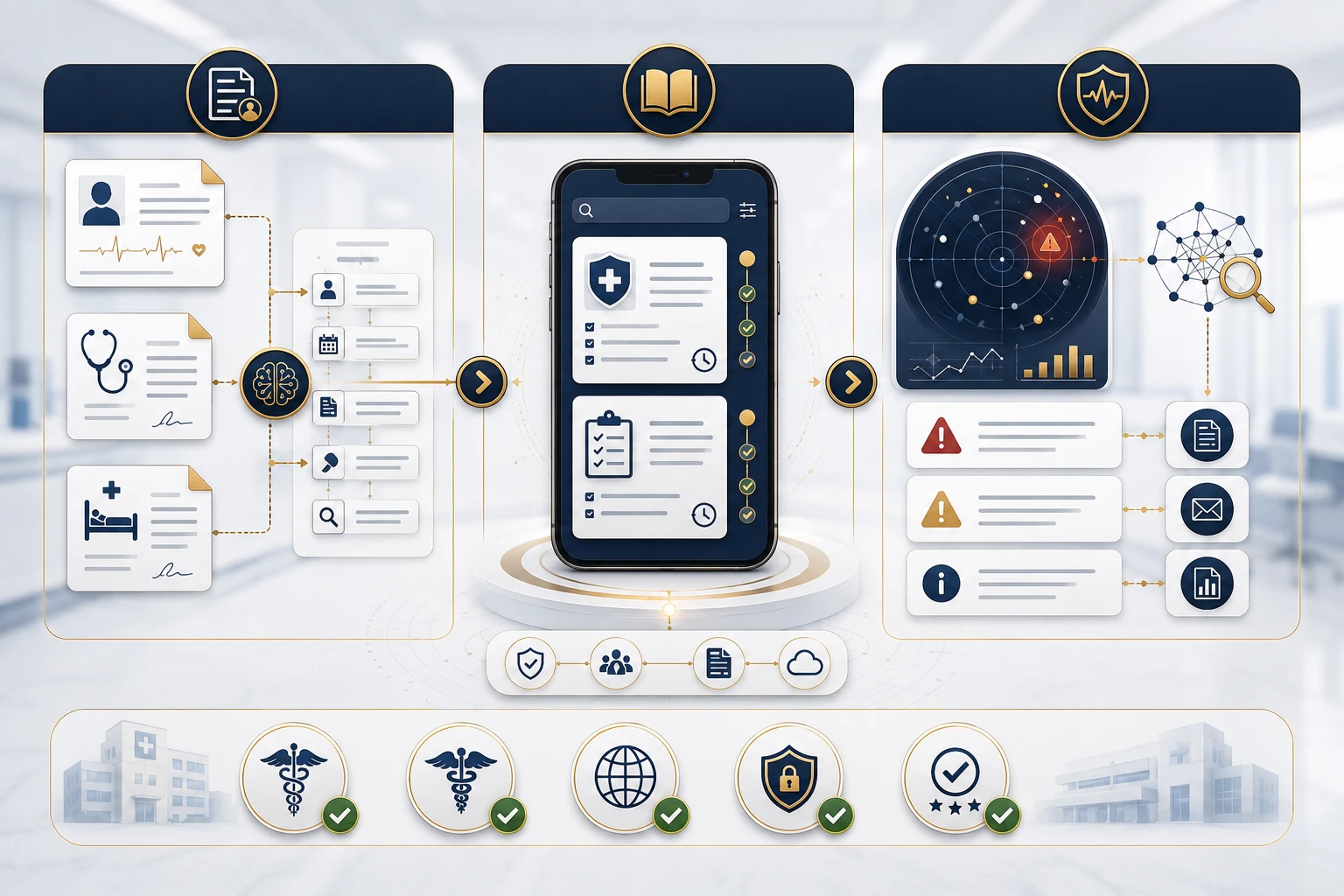 Dana AI for healthcare — three clinical deployment zones covering patient documents, protocol management, and safety incident detection
