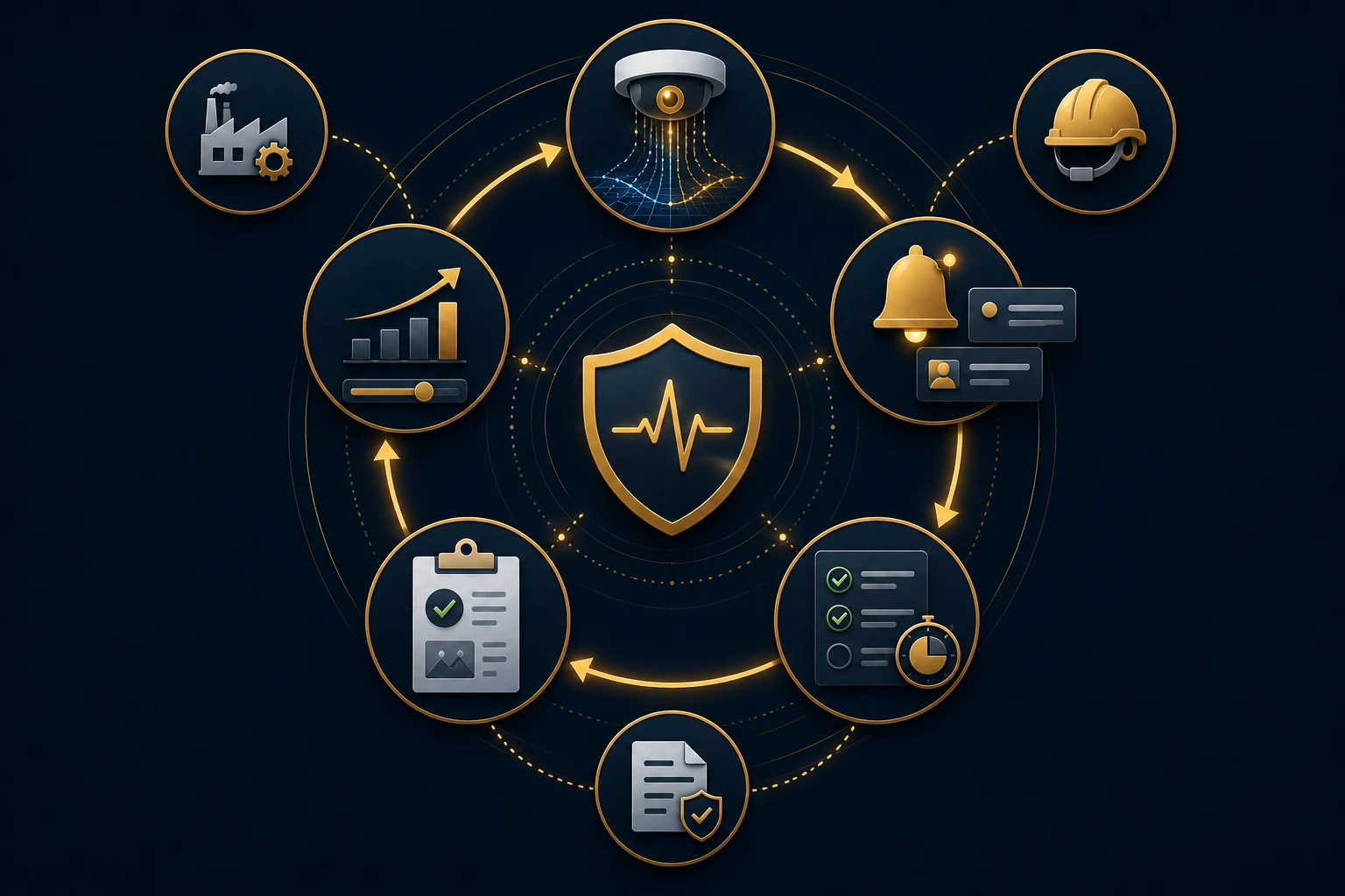Dana AI prevention cycle — five clockwise stages from detection through alerting, guided action, logging to system learning with shield icon