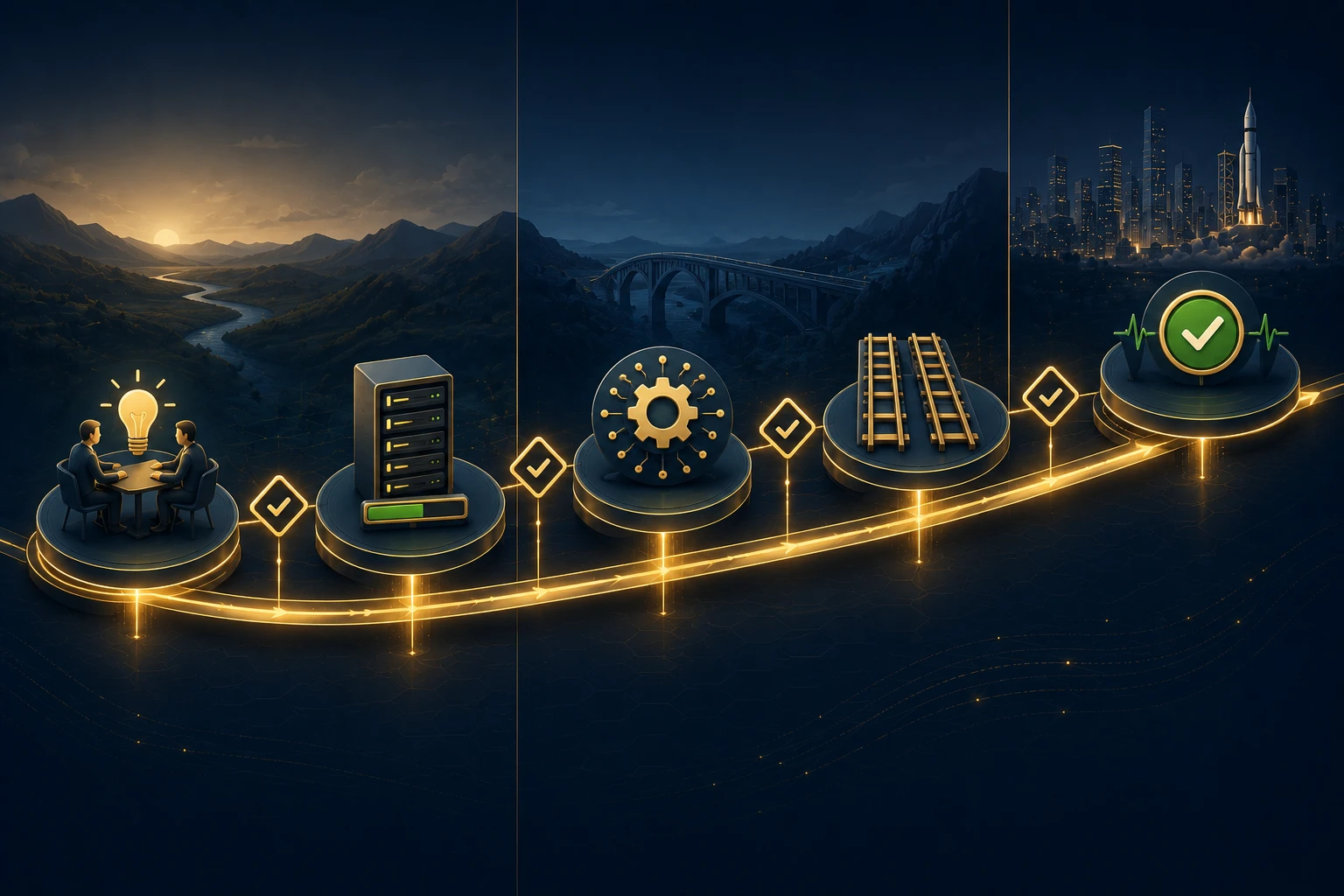 Dana AI deployment journey — five connected phases from working session through provisioning, configuration, parallel run to live