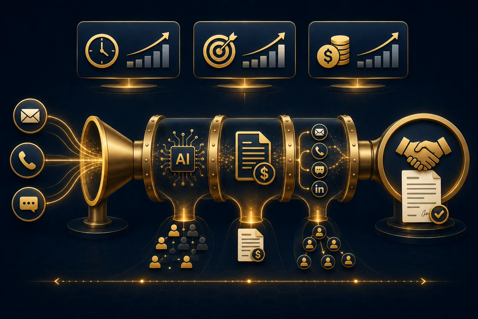 Dana AI sales pipeline — horizontal flow from enquiry through qualification, quotation, and follow-up to close with metric cards