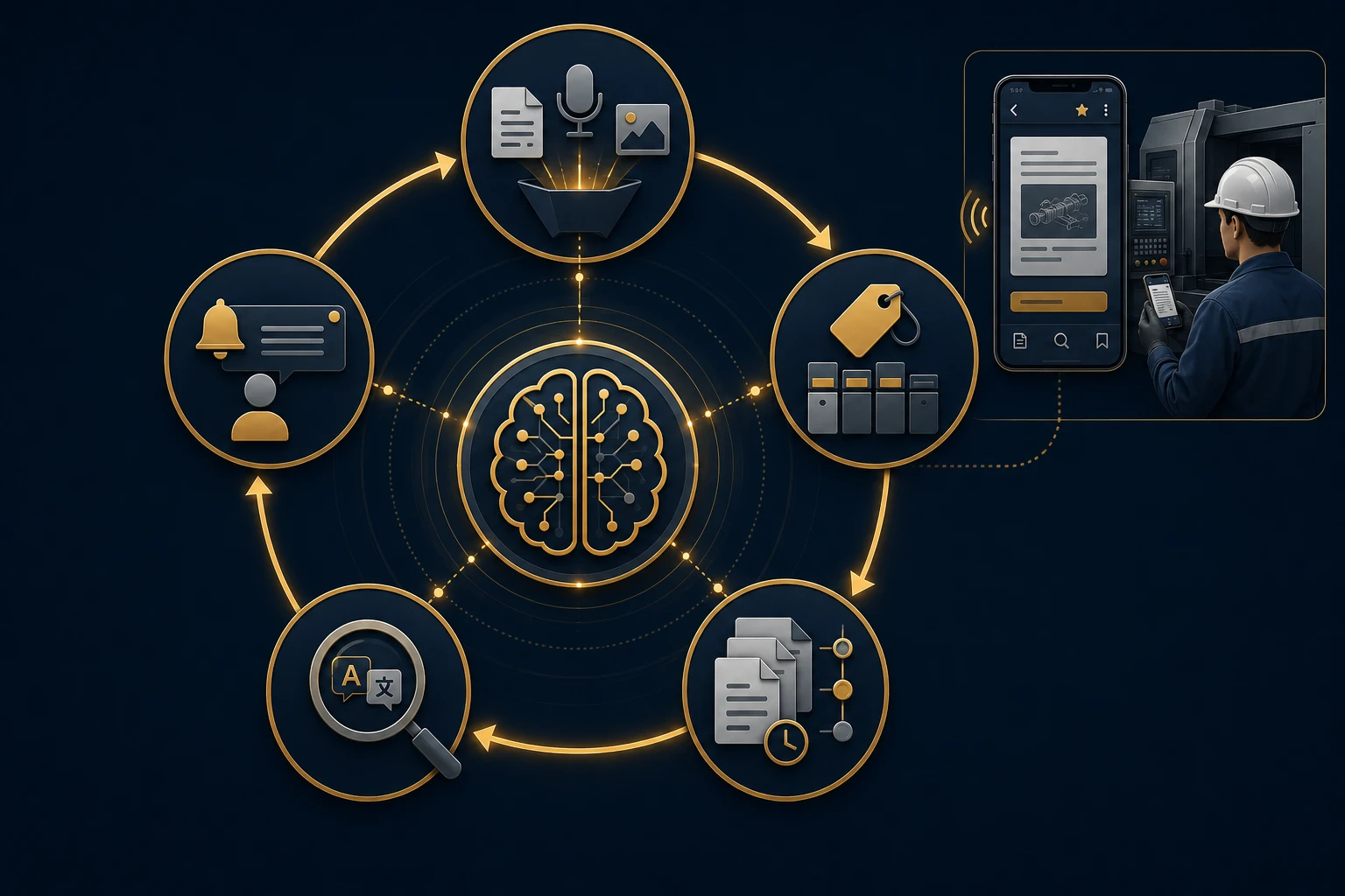 Dana AI knowledge lifecycle — continuous loop of capture, organise, version, search, and surface with institutional memory at centre