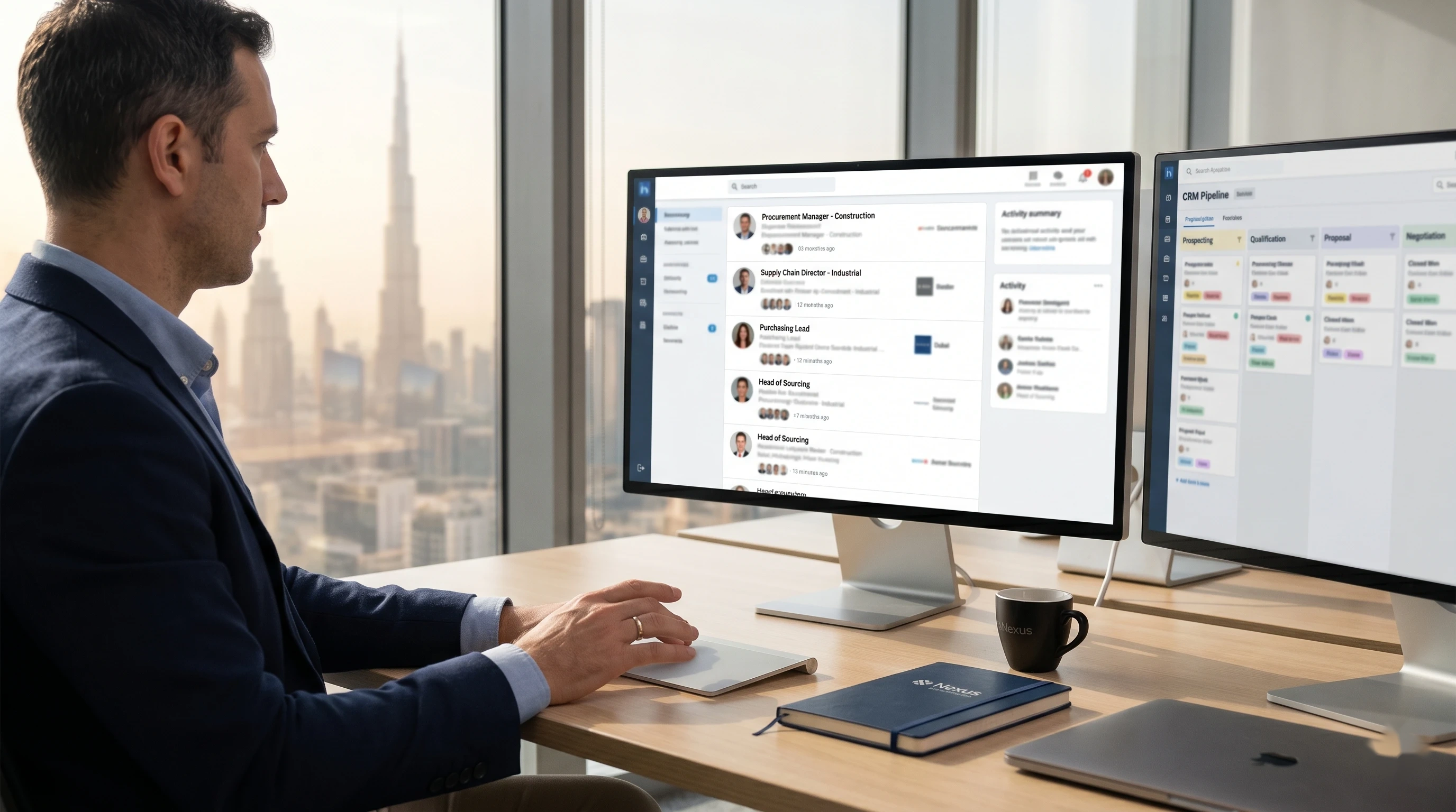 Dana AI business outreach — development manager at workstation with professional networking interface and CRM pipeline view