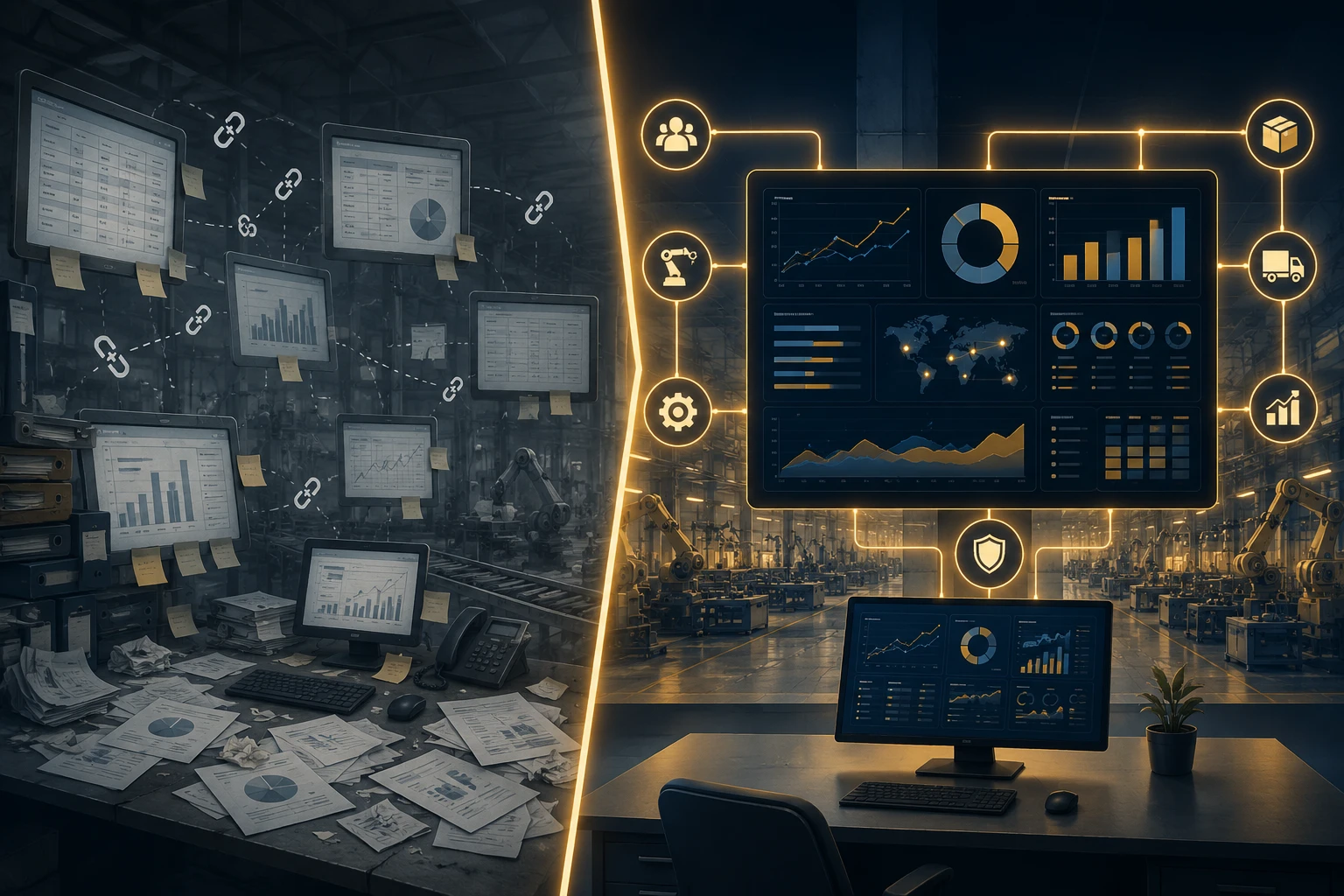 Dana AI split-screen — chaotic fragmented operations versus unified platform dashboard showing two contrasting halves
