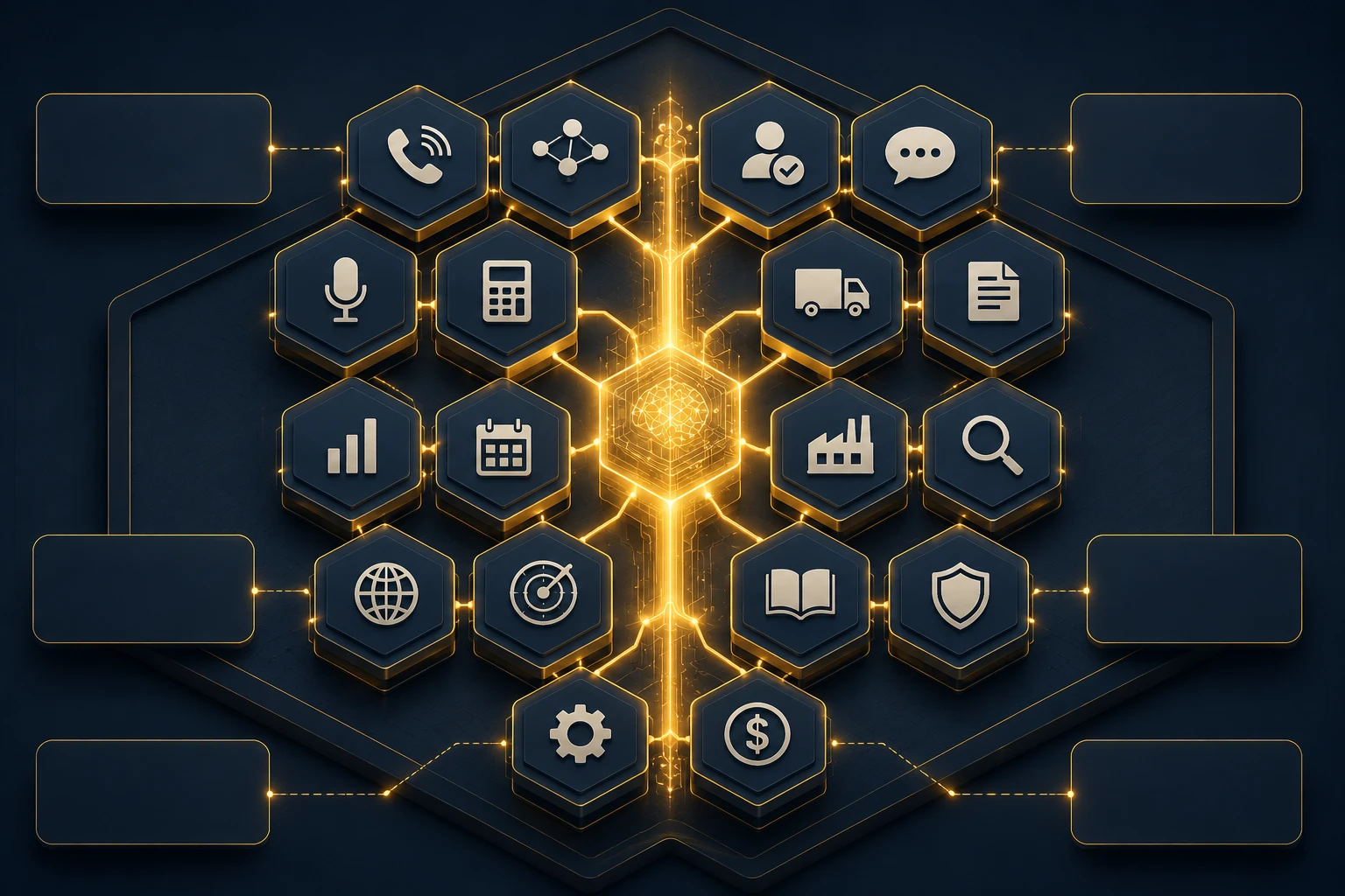 Dana AI capability grid — 18 AI modules in a honeycomb layout connected by a shared platform spine