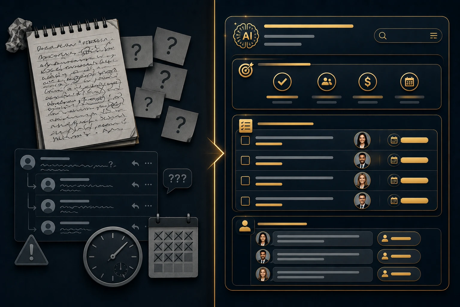 Dana AI before-after contrast — messy handwritten notes versus clean AI-generated summary with actions, owners, and speaker tags