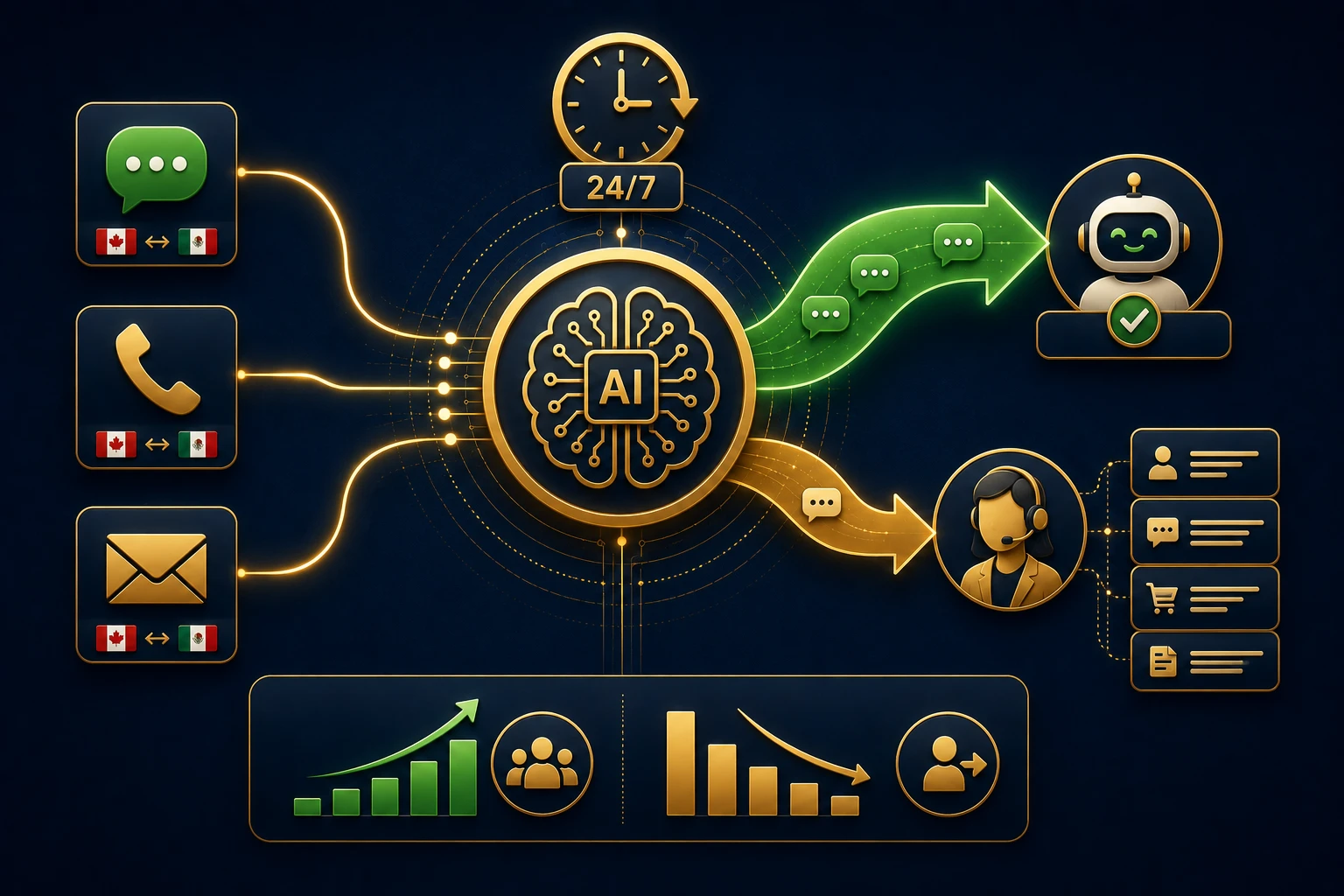 Dana AI conversation routing — three channel icons flowing through AI orchestrator with automated resolution and human escalation paths