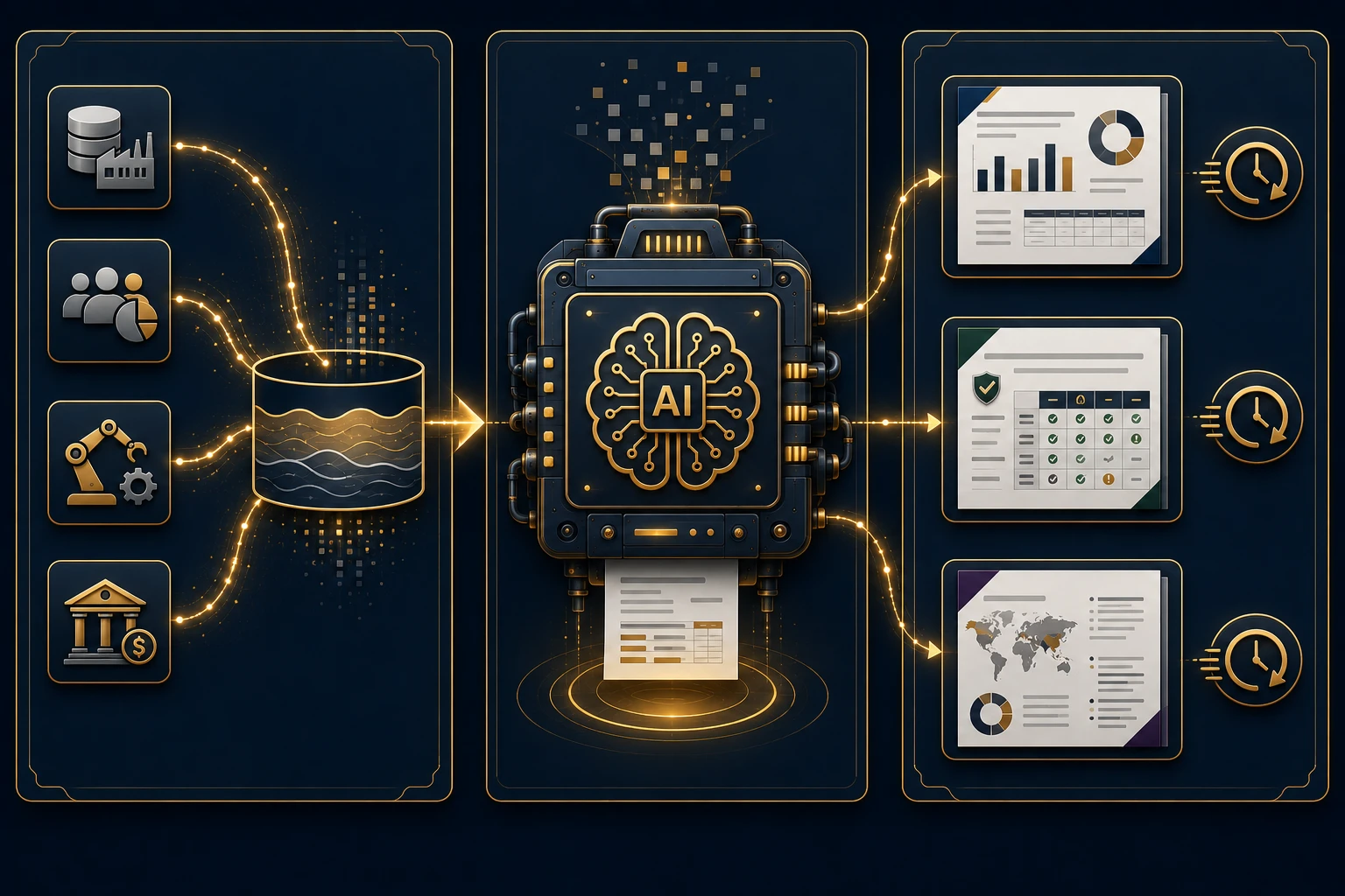 Dana AI reporting — data lake feeding AI engine to produce board packs, tender responses, and market briefs with time-reduction badges