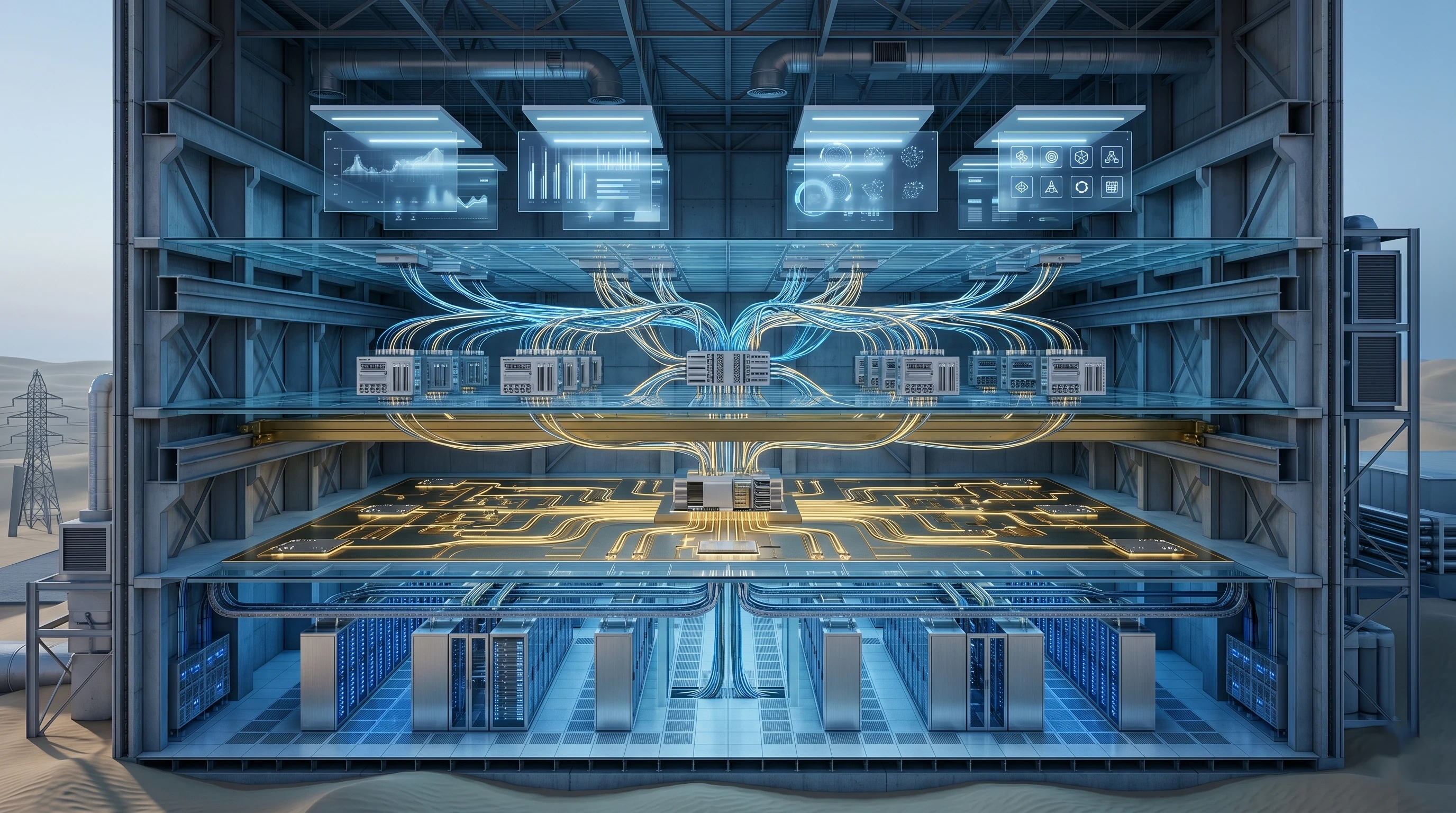 Dana AI cross-section — four distinct layers inside a UAE data centre with servers, neural pathways, and orchestration nodes