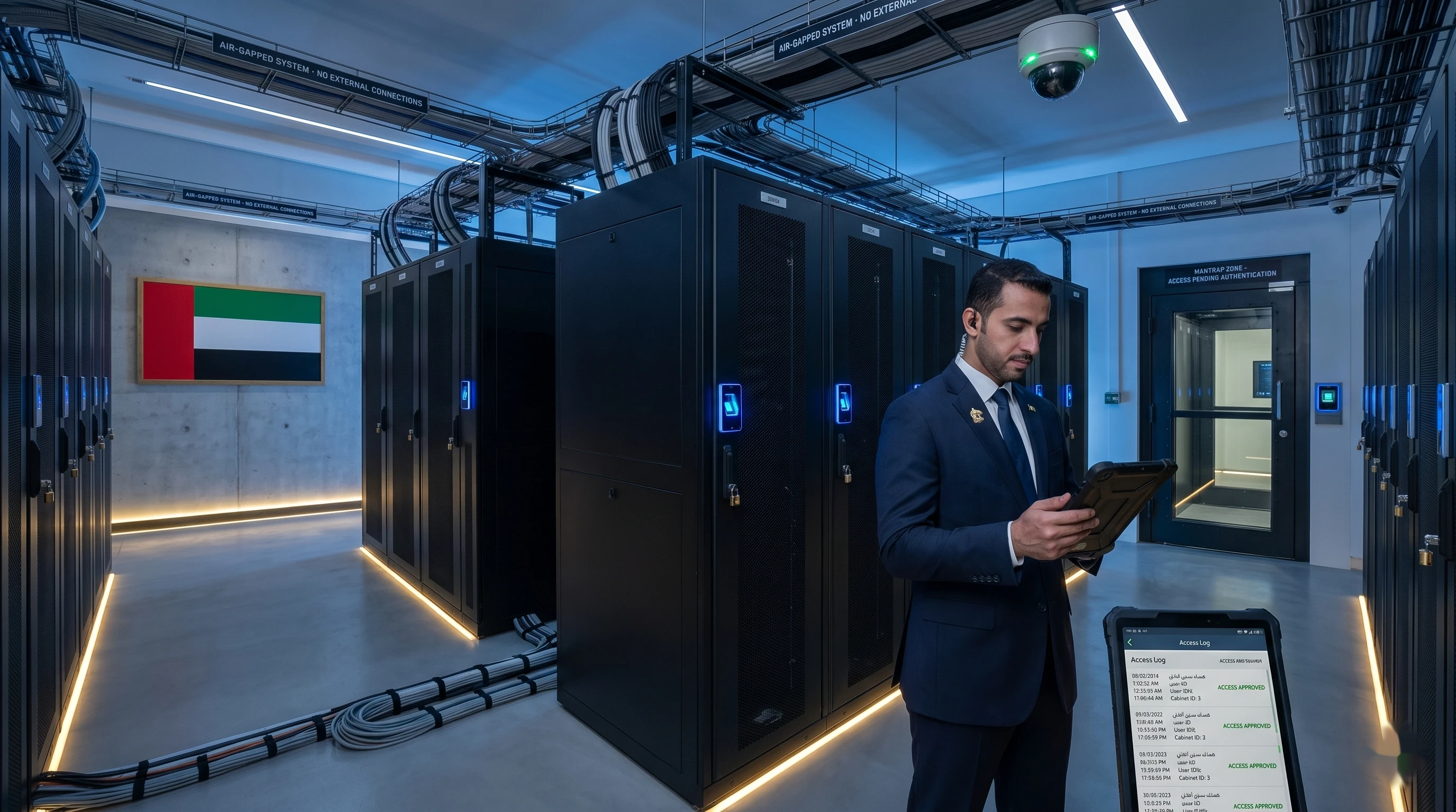 Dana AI data sovereignty — air-gapped server room with biometric cabinets, UAE flag, and security officer reviewing access logs