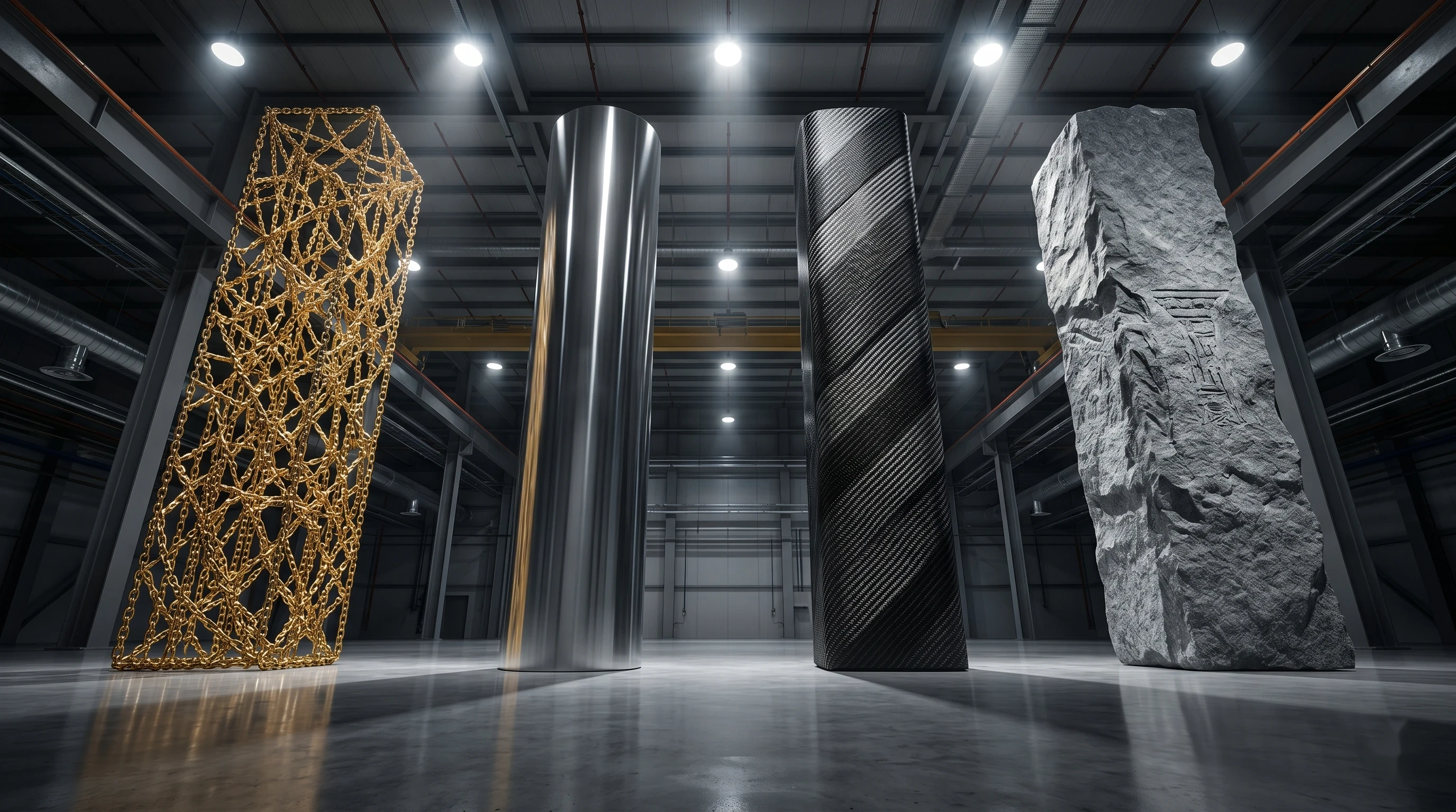 Dana AI four pillars — granite, carbon fibre, steel, and gold representing sovereignty, depth, economics, and distribution