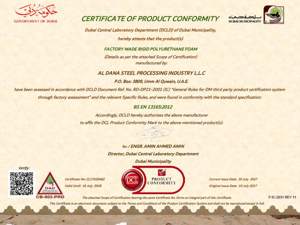 DANA STEEL - SANDWICH PANELS DCL CERTIFICATE