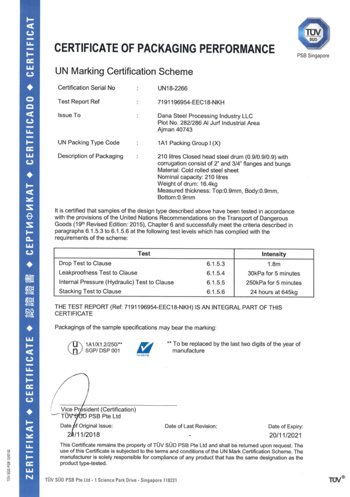 UN MARKING CERTIFICATION APPROVAL _ DANA STEEL UAE 