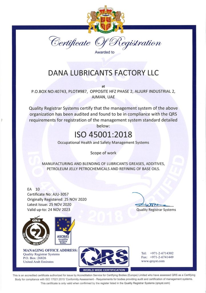 Dana Lubes - ISO 45001:2018